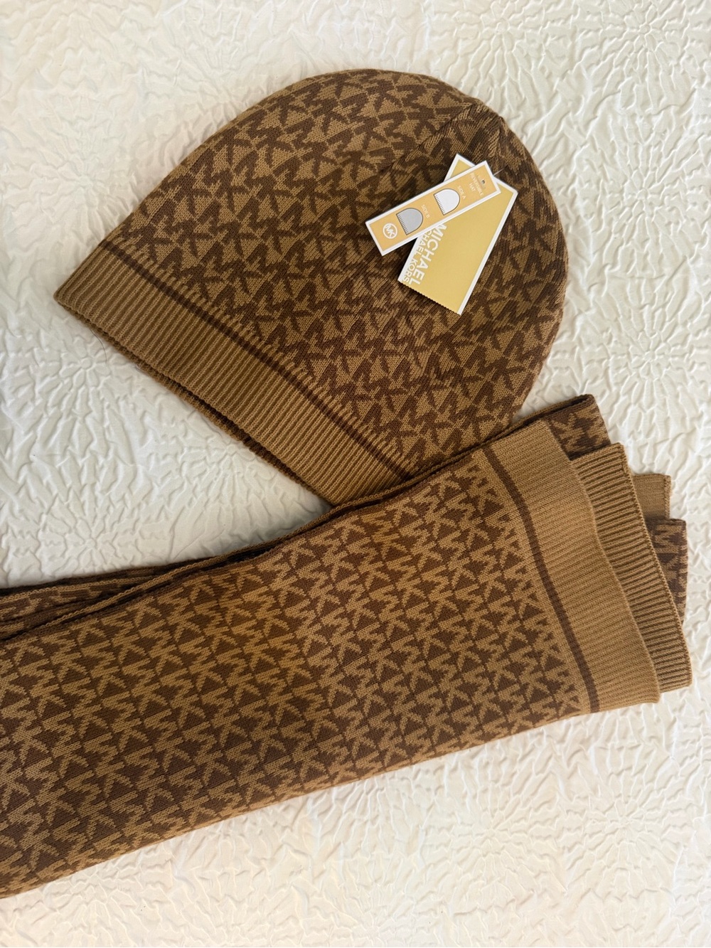 Michael Kors Brown Logo Knit Hat and Scarf Set